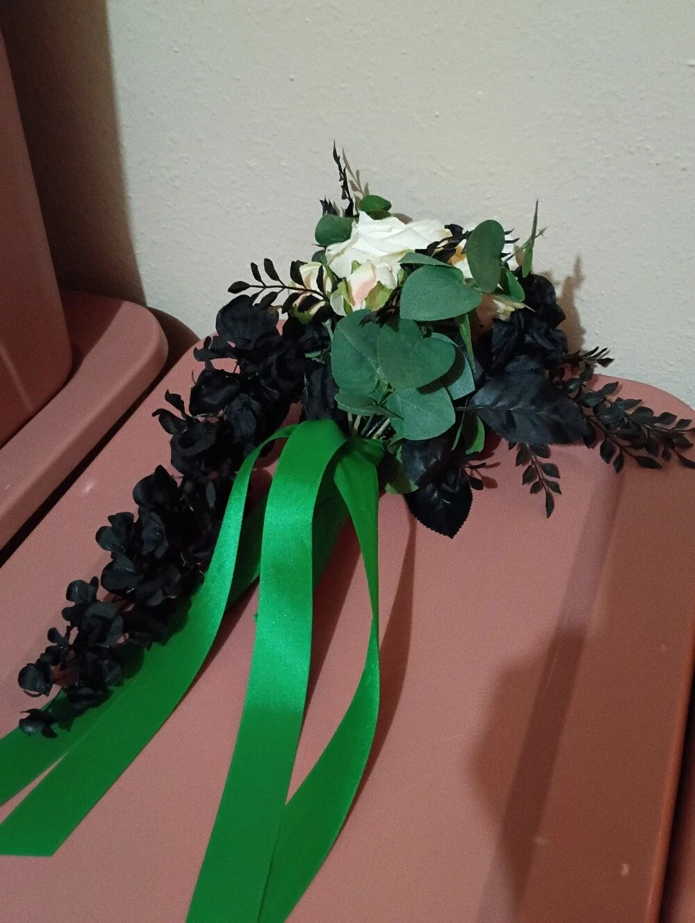 Ivory & Black Cascading Floral Bouquet with Green Ribbon